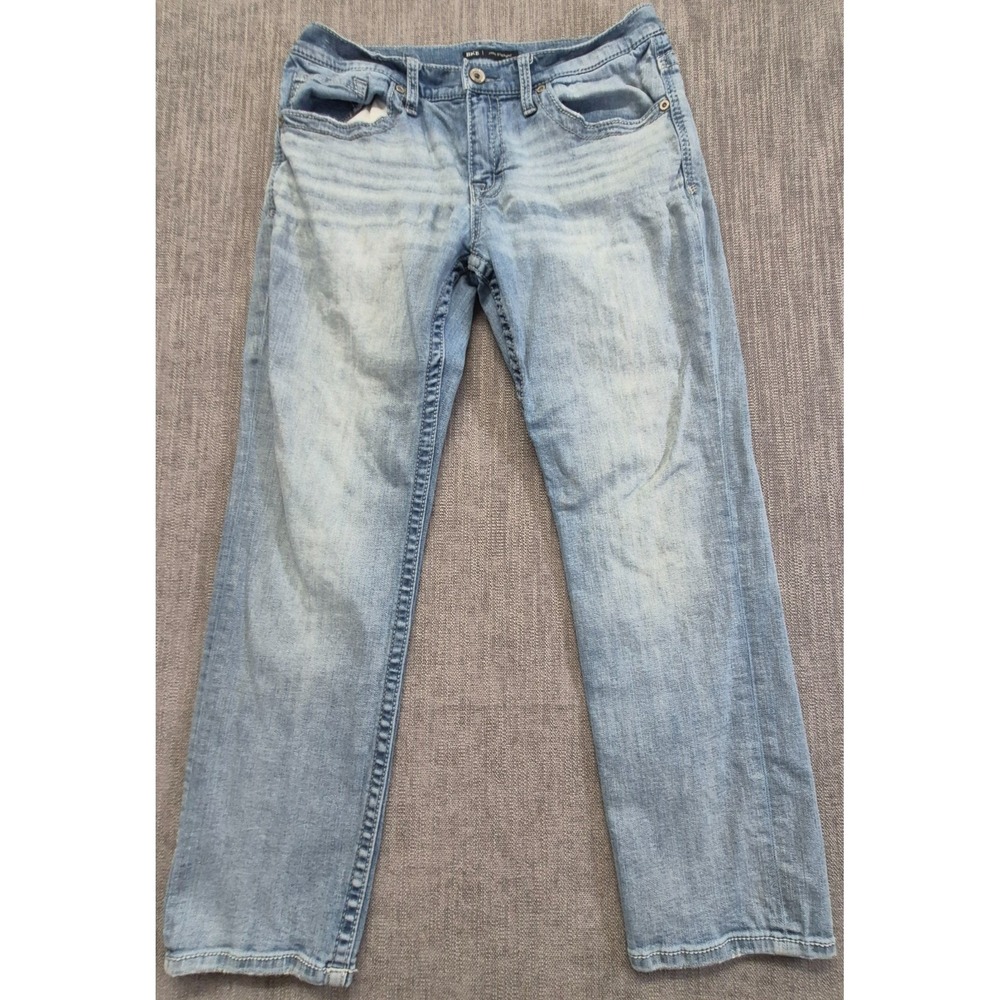 BKE Jake Straight men's light wash denim blue jeans 34x30 Buckle Cotton Stretch